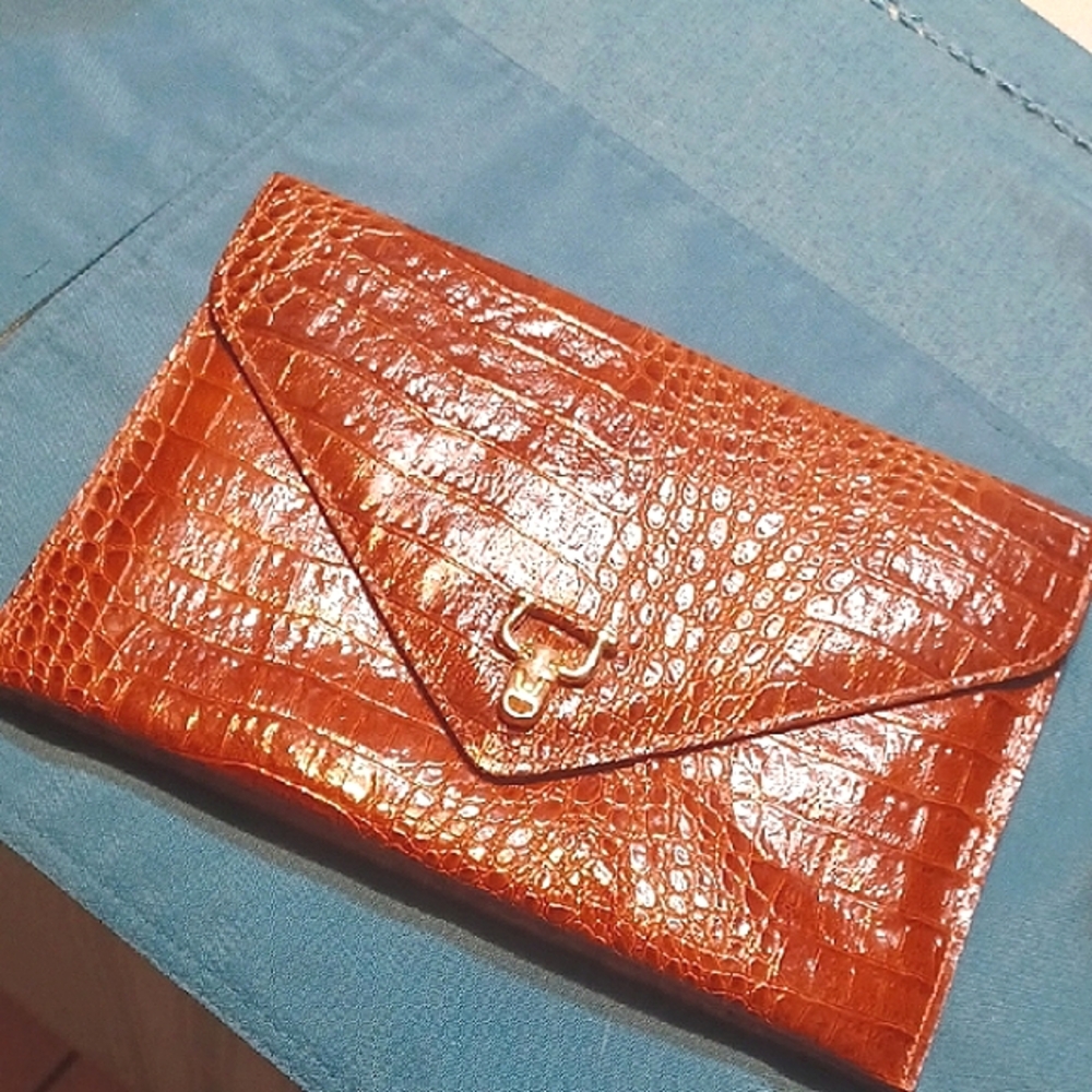 Caramel Crocodile-Embossed Clutch